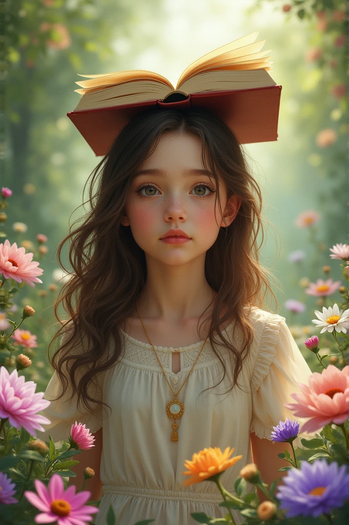 A girl with long brown hair who has a book on her head and some flowers
