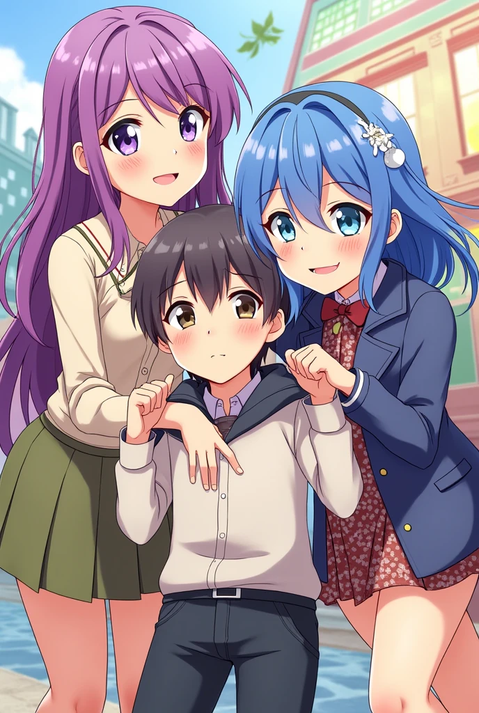 Create a group anime group picture. There have 2 two girls and 1 boy.