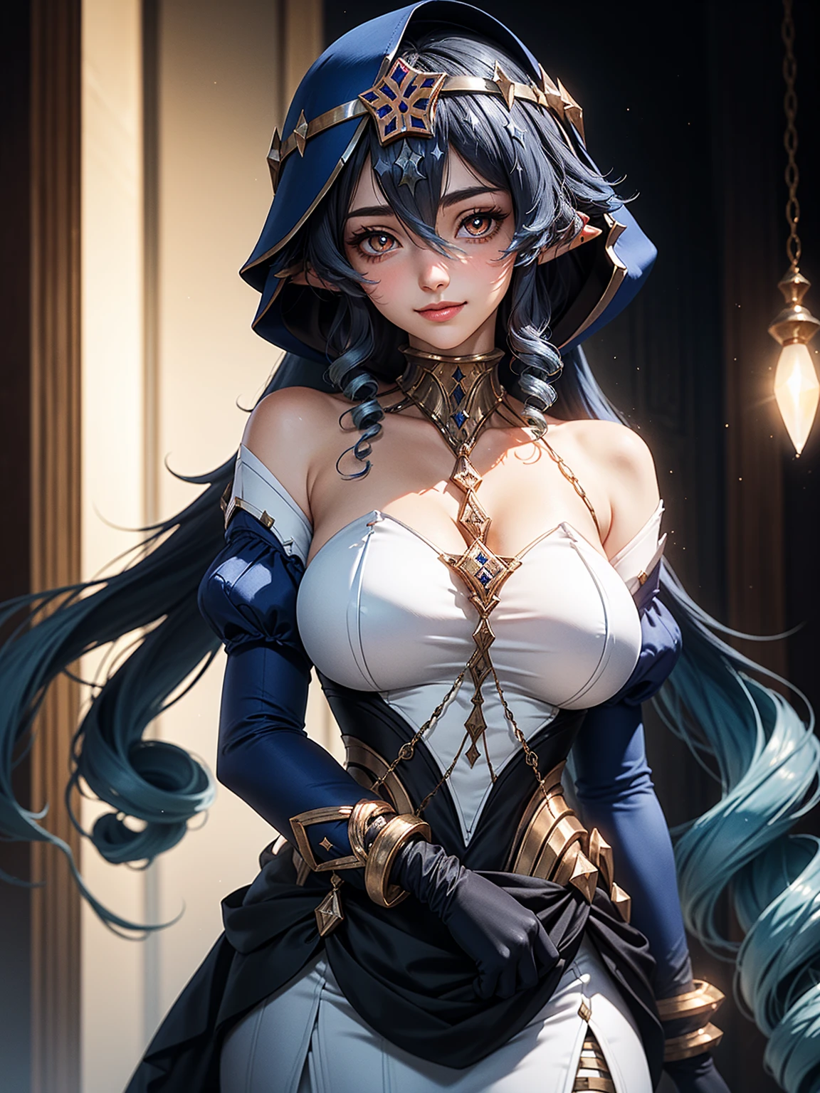 masterpiece, Super detailed, high quality, 8k CG, Huge breasts, layladef, night, blush, smile, Bright Eyes, Are standing, (Shining Eyes:1.5), Upper body details, Arms crossed,