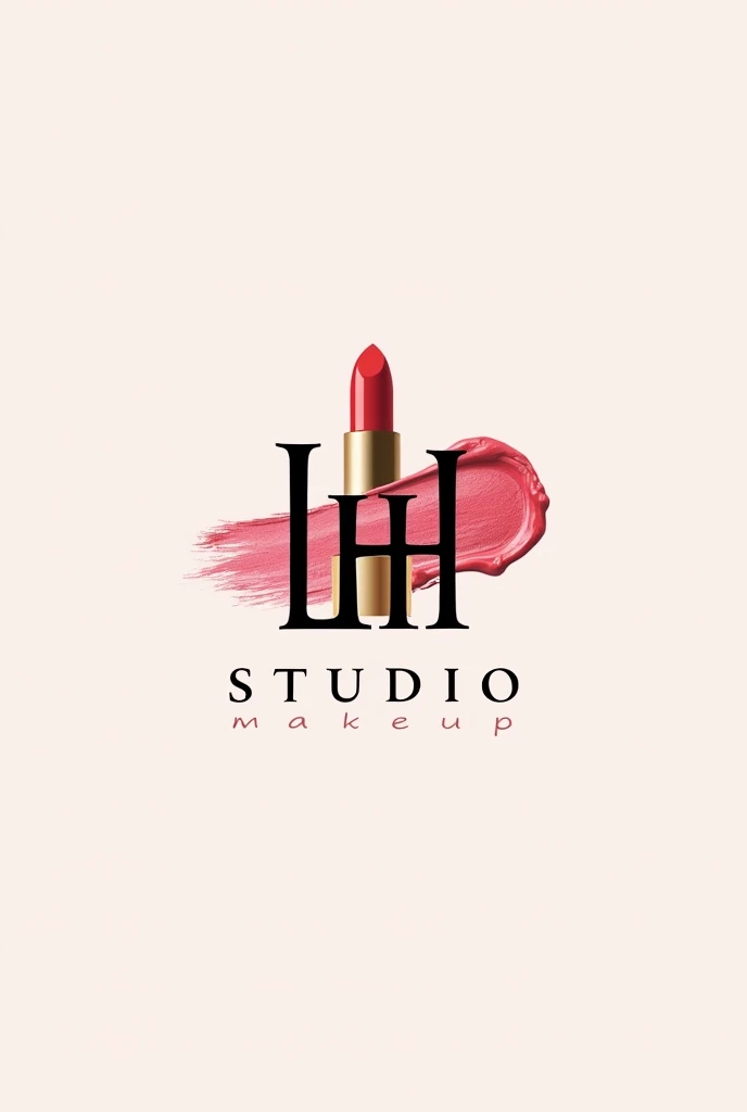 Criar um logotipo elegante para studio de maquiagem com a seguinte marca: Letícia Harumi Use the initials "L H* to create a single element fused together, insert a lipstick as a supporting element and a lipstick smudge in the background Slogan: studio