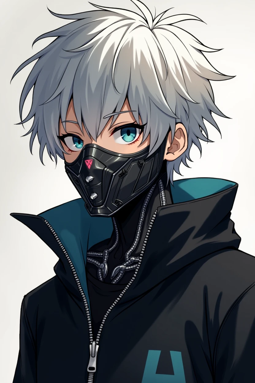 1 anime boy,susadera de color negro,white hair with a messy or common hairstyle,serene face,total black eye color,A robotic metal mask that lights up when you talk,weak appearance or physique