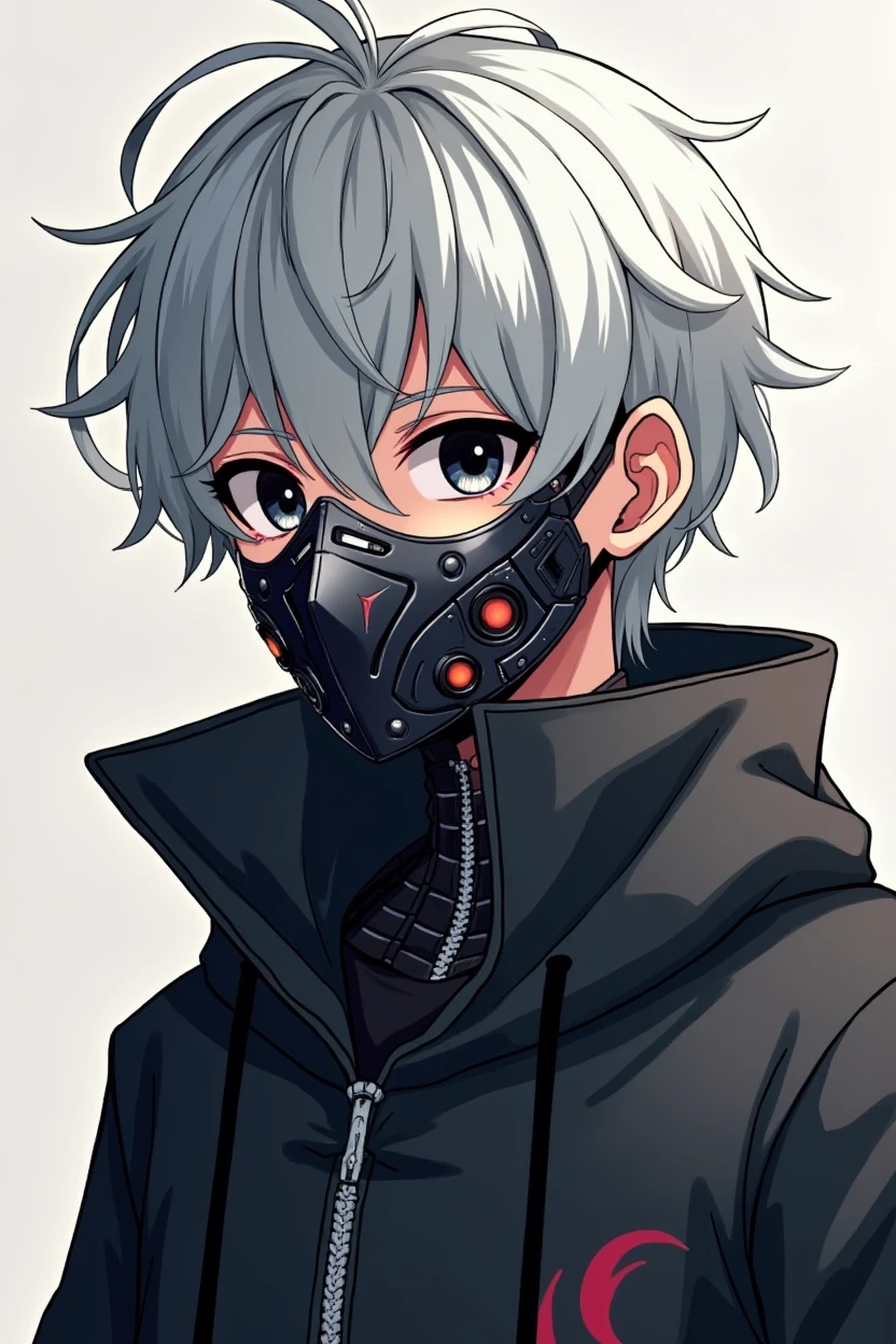 1 anime boy,susadera de color negro,white hair with a messy or common hairstyle,serene face,total black eye color,A robotic metal mask that lights up when you talk,weak appearance or physique