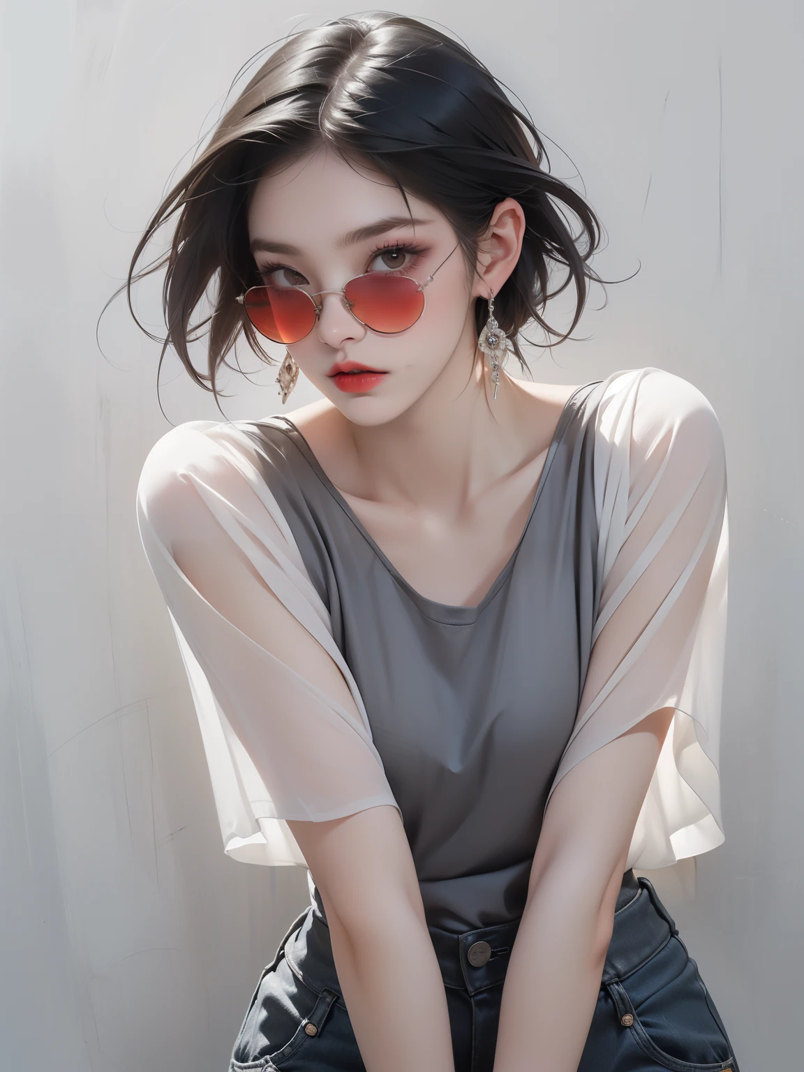 (masterpiece, Highest quality:1.2), Realistic, (Face shape: Surface length contour), (eye: Sharp eye, Cold Stare, eye make up), (nose: The nose muscles are thin and small in size.), (mouth: Neutral lips, Bright red lips), (skin: Transparent white skin, cheek), (shape: Thin Hips, Thigh Gap, Small breasts), (Overall impression: Korean young woman), (hair: perm, short hair), ((Clothes: See-through, Tank top, Earrings, sunglasses)), ((Blue-gray background)), Strike a Pose