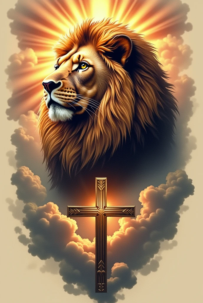 Create a lion tattoo design with a cross underneath and clouds and sunlight around it