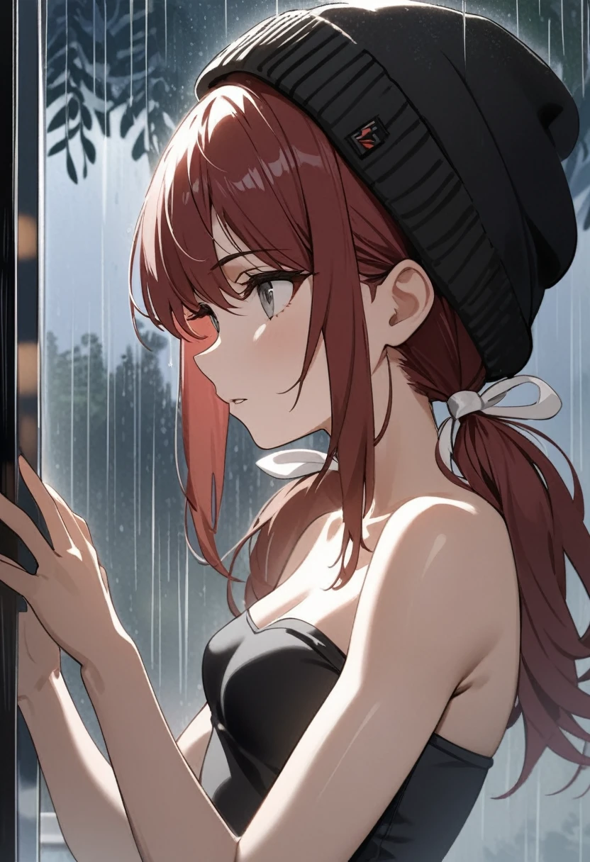 best quality, masterpiece, stoic,young woman, from the side, looking out window, hands on window glass, sunrays, upper body, close up, Gray eyes, dark red hair, swept bangs, low twin tails, white ribbons, strapless black shirt, black beanie, jeans, small breasts, toned arms, night, raining outside, willow tree,