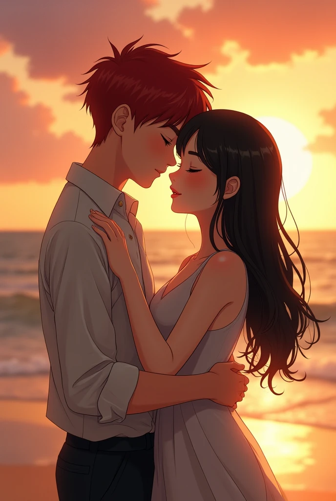 generates an image of a red-haired boy with short CHINESE hair with a girl with long, straight, loose black hair who is shorter than him and a little chubby (not so much) on the beach at sunset hugging with their faces TOGETHER without teeth with their eyes closed