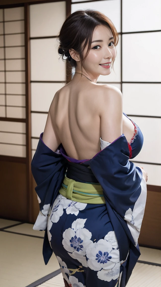 Mature attractive sexy woman,50 years old, ((kimono)),(((kimono))),Shut,((Big Breasts:1.2)),(Facial wrinkles:1.3),light makeup,Light brown hair,Long Hair,(Full body photo:0.85),(Emphasize big buttocks),8k, RAW Photos, Highest quality, Laughter,masterpiece,Highest quality、A kind smile、A captivating gaze、Random Hairstyles、Japanese-style room、Shoji Screen、lanthanum、Off the shoulder、The valley is visible