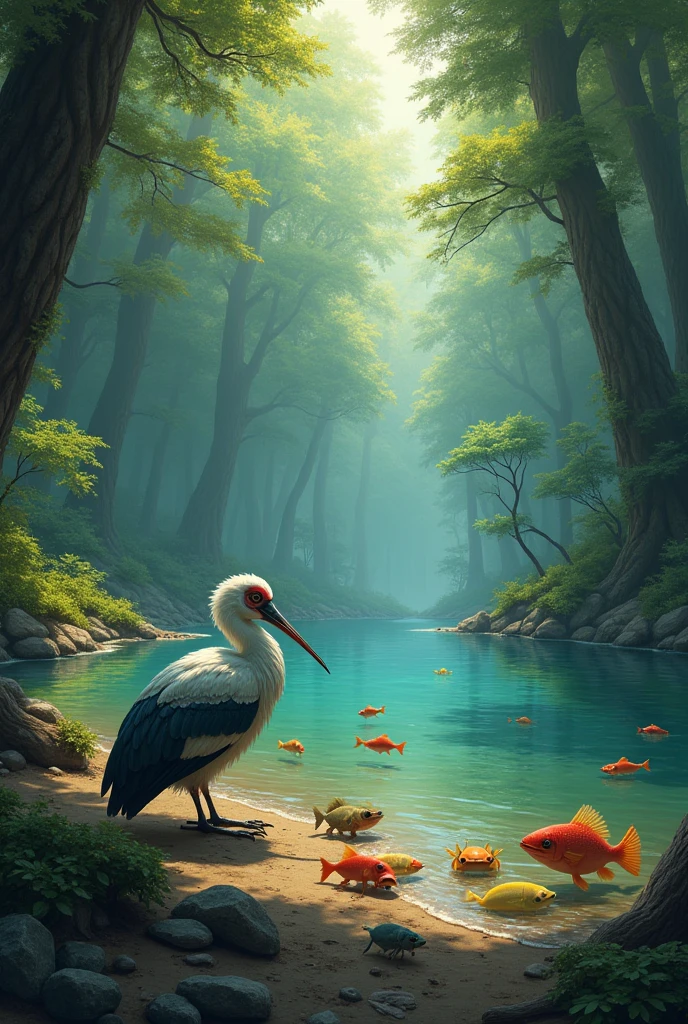 A long time ago, there was a very beautiful lake in the middle of a dense forest. There were many fishes and crabs in that lake. They all lived together happily. But every day a crane used to come to the shore of that lake and catch fish to satisfy his hunger. Whenever the crane reached the shore of the lake, a fight would start among all the fishes.

Days passed like this. Slowly the crane started becoming old and weak. He was not able to hunt like before. The crane sat down on the shore of the lake feeling very sad. Seeing the condition of the crane, the fishes of the lake became very happy. All the fish started swimming in front of the crane but the crane did not do anything to them, just kept sitting.

Some more days passed like this. Seeing the crane sitting at one place like this, the crab came to the crane and asked, “Brother, I have seen for two-three days that you are sitting here quietly, you have not caught a single fish, you have not even eaten food, what is the matter?”  On hearing the crab's words, the crane started crying bitterly.

The crane said, "What should I tell you friend, I am very sad. A few days ago, an astrologer told me that this lake is going to dry up very soon. How will you all survive without water?

You all will die. I am very worried about you all. That is why I have stopped eating and drinking." The crab said, "What are you saying! This is a very serious and worrying matter. I have to tell everyone."

The crab told the crane's words to all the fishes in the lake. All the fishes and the crab together went to the crane and said, "What are you saying, the lake will dry up! Then where will we all go? What will we do? There must be some way to escape. We all thought you were our enemy but you turned out to be our friend. Because of worry for us, you stopped eating and drinking. Friend, now you tell me some solution