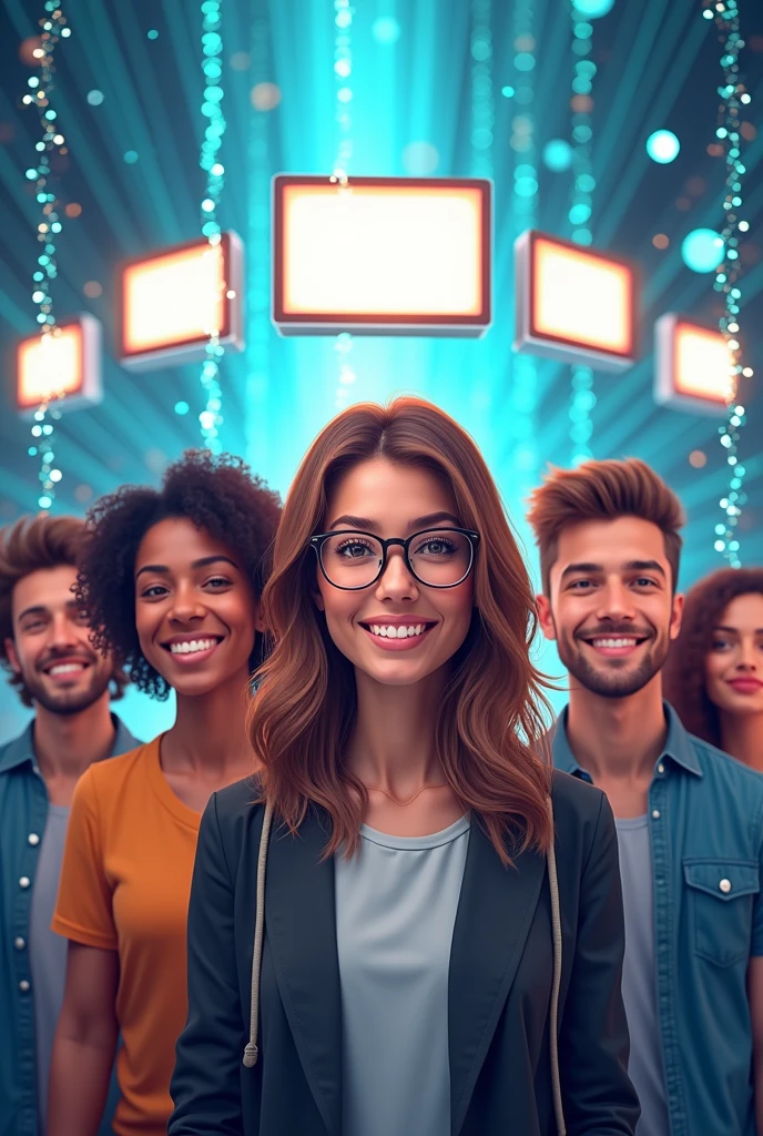 Internet advertising image with happy people with the Internet and 5 spaces to place promotions
