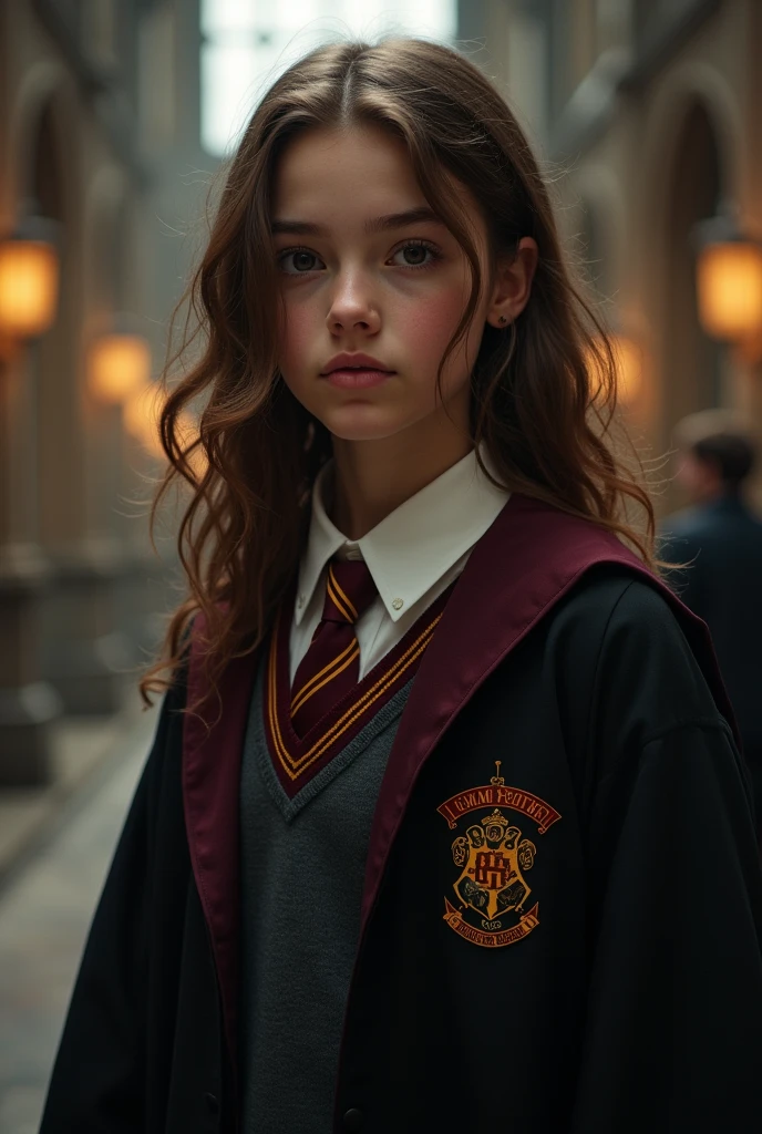 An 18 year old girl in Hogwarts uniform with honey brown hair and dark eyes with fair pink skin