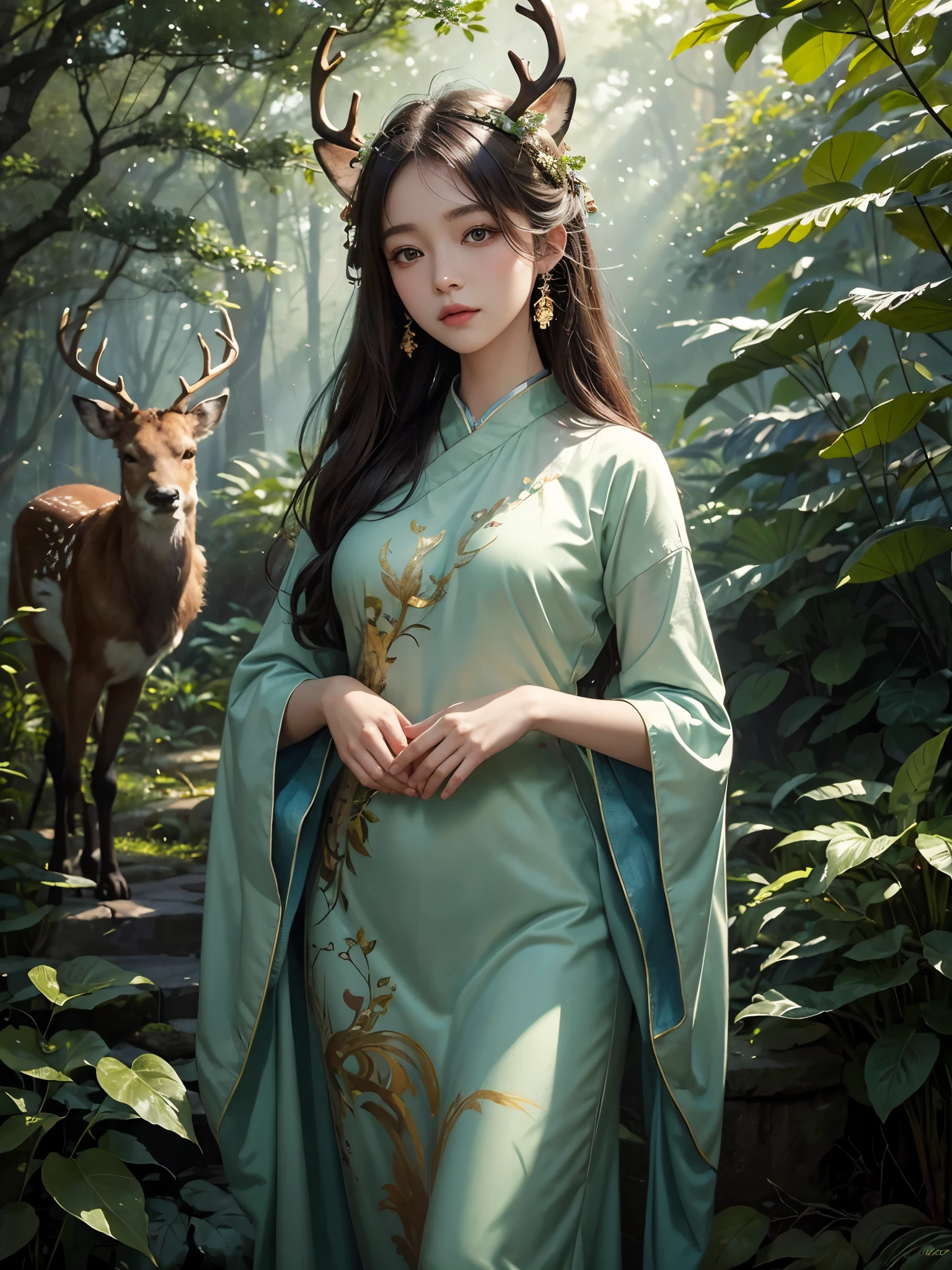 A mystical painting of a 鹿女 with elegant antlers and graceful limbs, adorned with spots and deer-like features, standing in a sunlit forest glade. The background features tall trees and soft, dappled sunlight filtering through the leaves, creating a serene atmosphere. The 鹿女 is depicted with a gentle expression, her eyes glowing with a soft green light as she channels her healing and nature-controlling abilities. Created Using: watercolor style, impressionist influence, soft brush strokes, warm color palette, naturalistic details, ethereal,Close shot,Positive face