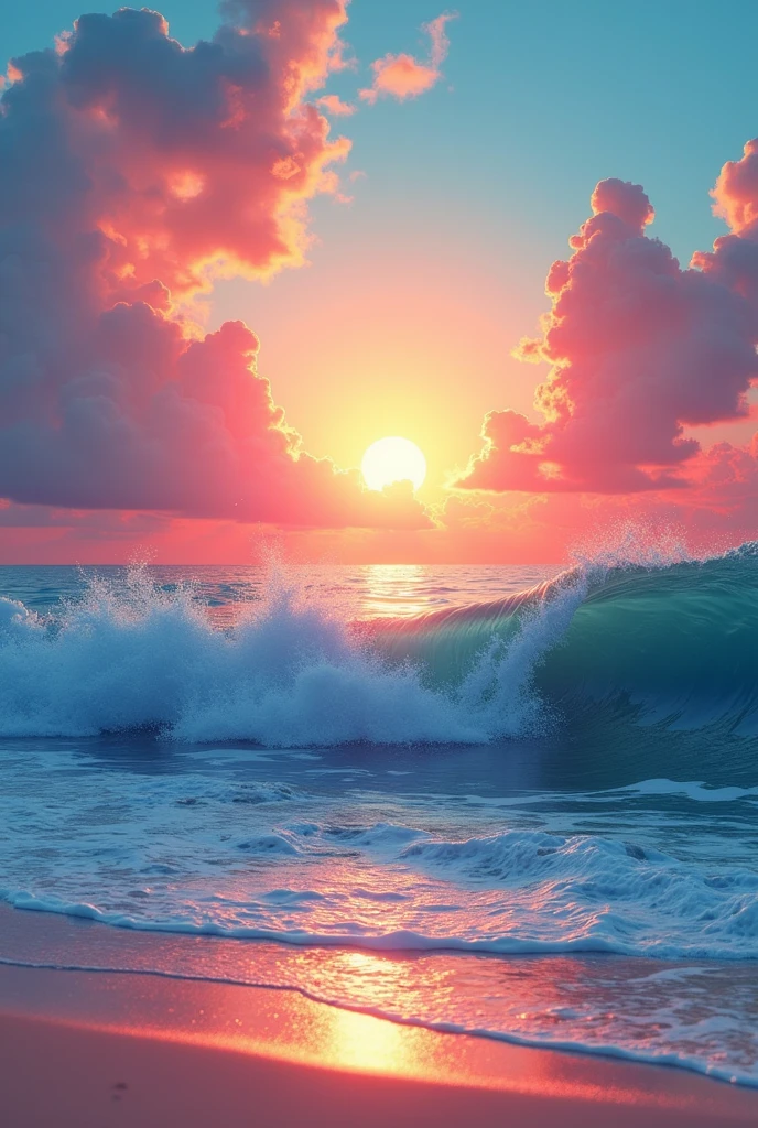 Colorful, sun rise, sea, stylized rendering, non-photo-realistic rendering, paint, volumetric cloud, small and natural wave with bubble, dream
Do not include tree and beach.
