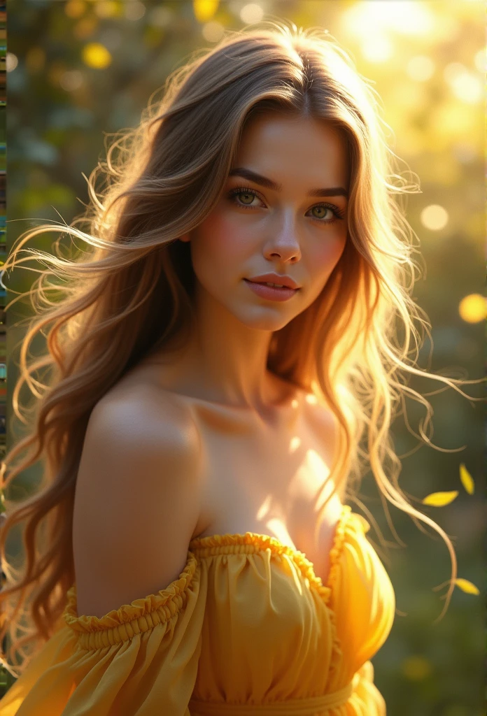 (best quality,ultra-detailed,realistic:1.37),female figure,evening light,beautiful detailed eyes,beautiful detailed lips,flowing hair,golden dress,magical atmosphere,garden scene,soft and warm colors,ethereal pose,luminous glow,impressionistic artwork,subtle light and shadow,impression of tranquility and serenity,feminine and graceful presence,subtle details,soft focus,harmonious composition,artistic interpretation,painterly style,captivating and mystical ambiance