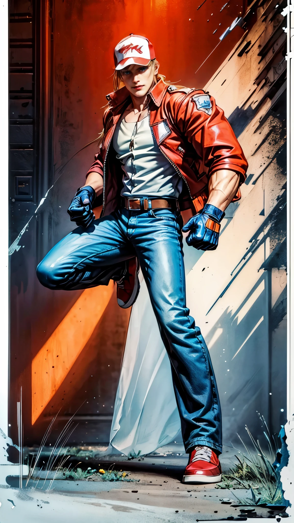 Terry Bogard LoRa, male character, face detailed, blue eyes, yellow hair, long hair, symmetrical face, handsome face, white shirt, red jacket, blue pants, cap, hero stance(body), super detailed, boxing, black gloves, forrest landscape, street scene, ground breaking.