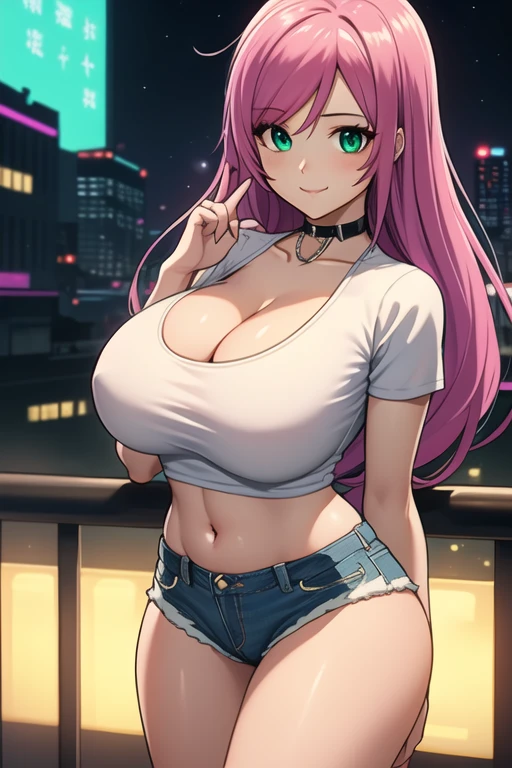 1 girl, 19 years old, Long pink hair, green eyes with slit pupils, master-piece, best quality, (standing up), (white crop top), (white and black colorblock crop short sleeved t-shirt top、denim short shorts and cleavage), (Big , ultra gigantic , Super super big, Glamorous body), Make eye contact with the camera, front figure, looking forward, (light_Smile:1.5), (Detailed hands and fingers:1.2) (Cyberpunk City)、(Cyberpunk city at night), (FULL BODYSHOT), thighs thighs thighs thighs、beauty legs、