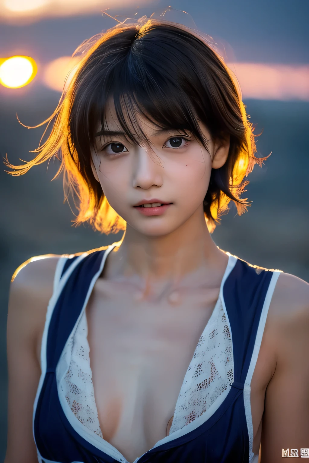 (Hyper Reality: 1.35), (Realistic: 1.4), A beautiful Japanese woman, smile, (((No makeup))), masterpiece, high quality, Very good, Puberty, Well-trained slim body, muscular, slim body, Slightly saggy breasts that hang outward, large breasts, ((Very delicate and beautiful)), Familiar, (((Very shallow depth of field))), (((Unbelievably absurd))), dark brown short hair, blowing boyish short bob hair, shag messy hair, wolf cut, big hair, Windで揺れる髪, Slim body type, (((small ))), Looks like a salon model, Cool face, Neutral facial features,(ecstasy:1.3) ,(slut:1.2),(vulgarity:1.3),(fucked silly:1.1),(steam:1.1),(Wet:0.8),(trembling:0.8),(tears:0.7) ,(drooling:0.6),(sweat:0.8),open mouth, {Particles of light}, Detailed Background, Soft lighting, (dramatic), sunset, very beautiful sunset, Realistic, (((11 years old))), (((Wind))), ((Movement)), ((emotion)), ((colorful)), ((Baby Face:1.2)), sea background, (((Cowboy Shot:1.2))),(((nsfw:1.2))),