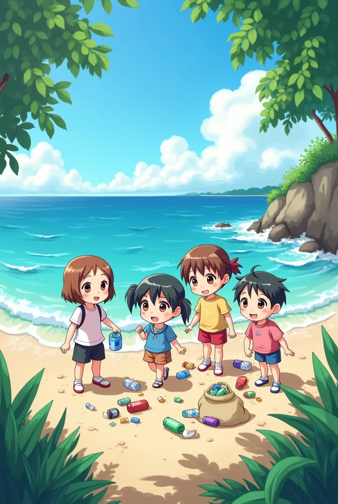 anime,cute,Children,Picking up rubbish,Ocean