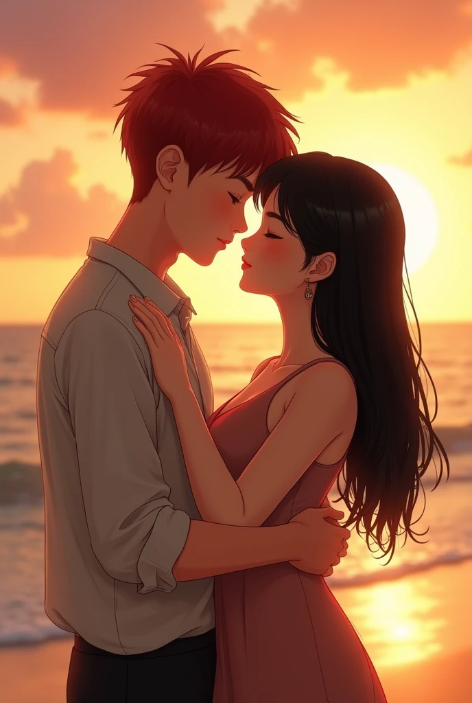 generates an image of a red-haired boy with short CHINESE hair with a girl with long, straight, loose black hair who is shorter than him and a little chubby (not so much) on the beach at sunset hugging with their faces TOGETHER without teeth with their eyes closed  
