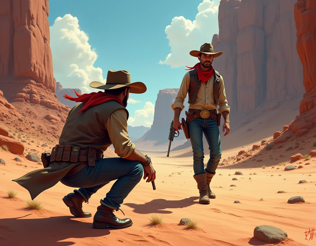 The image depicts a western-style scene with two characters in a rocky desert.On the left, there is a bandit, wearing a brown cowboy hat, a red bandana covering his lower face, and a dark vest over a blue shirt. He is crouched down, with a revolver in his hand, hiding from the sheriff. To the right and slightly ahead, there is a sheriff police walking with his back turned to the viewer. He wears a wide-brimmed hat, a star badge on his sleeve, a light-colored jacket, and dark pants. He is holding a revolver in his right hand, seemingly unaware of the bandit behind him. The scene takes place in a desert-like area with large, reddish-brown rock formations. The sky is clear, with the sun high on the right side of the image, casting long shadows.
The overall mood suggests a tense, potentially dangerous situation, with the bandit possibly preparing to ambush the unsuspecting sheriff.