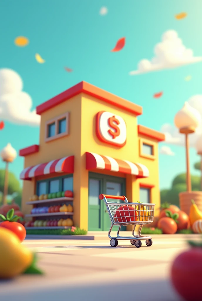 Animated logo of a mini supermarket with a shopping cart