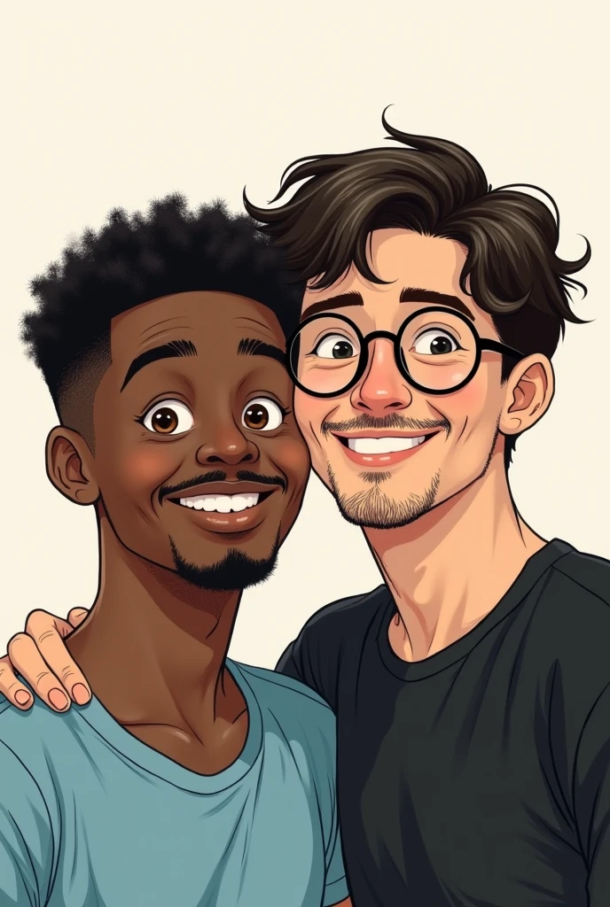 2 friends taking a selfie together a black boy with short black hair, brown eyes, a mustache, a thin goatee and a light blue t-shirt and a white boy with slightly curly black hair and round glasses , mustache, thin goatee and black frames and a black t-shirt . drawing style