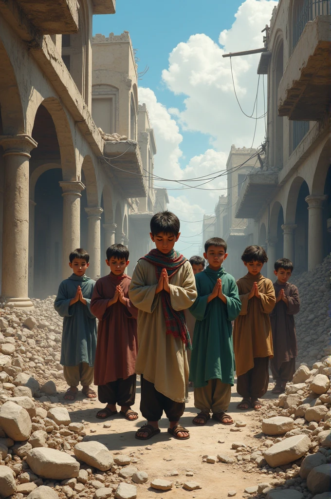 Beautiful Palestinian boys praying next to their destroyed homes