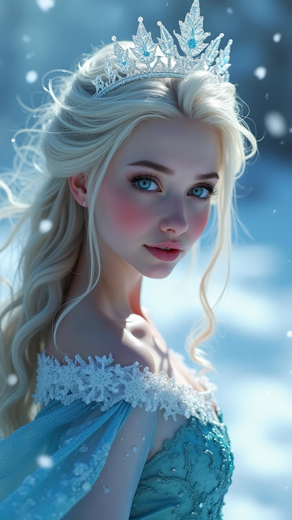 masterpiece, best quality, HD, Delicate texture, Real People，Realistic style，Ice dress, Ice Crown, Fantasy Art,Flowing long hair, Sparkling snowflakes, Ice Palace, Vibrant colors, Movie Lighting，Looking at the camera