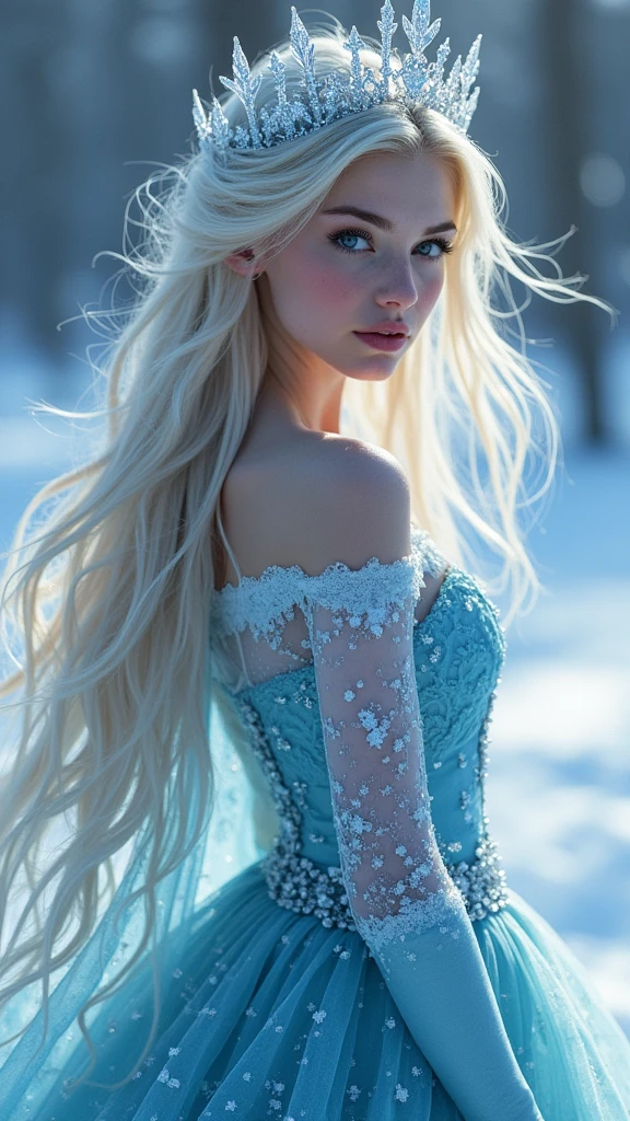 masterpiece, best quality, HD, Delicate texture, Real People,Realistic style,Ice dress, Ice Crown, Fantasy Art,Flowing long hair, Sparkling snowflakes, Ice Palace, Vibrant colors, Movie Lighting,Looking at the camera
