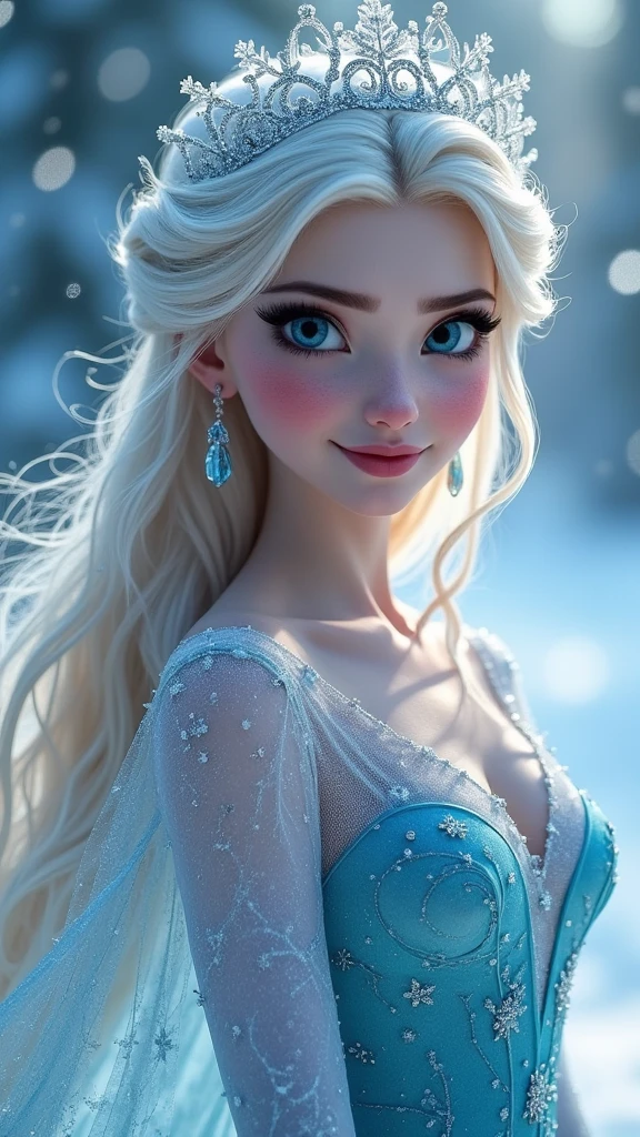masterpiece, best quality, HD, Delicate texture, Real People,Realistic style,Ice dress, Ice Crown, Fantasy Art,Flowing long hair, Sparkling snowflakes, Ice Palace, Vibrant colors, Movie Lighting,Looking at the camera