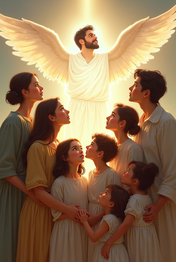 A picture with the letters "the Umanzor family" with a lady, child, A girl, Two women and four young people looking up at their father turned into an angel