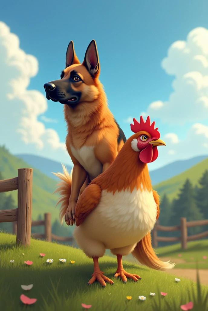 A German Shepherd dog riding a chicken