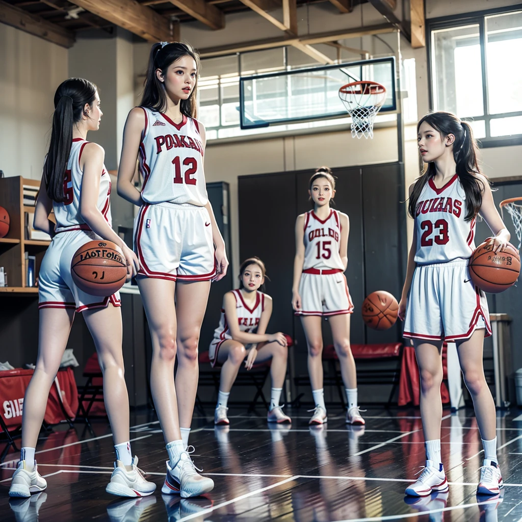 ExtremelyDetailed (((Basketball Team Girls in a row:1.4))), Childish perfect face, Reflective Eyes, Detailed(Delicate Clothing textures), Corrected Leg to Foot Line, Corrected Perfect Hand, Dynamic Joyful Expressions LifeLike Rendering, ((Specular Reflection:1.28)), TopQuality 8K Ultra-detailed masterpiece (ProfessionalPhoto:1.37)(Acutance:0.8),(Luminism:1.22), Locker room (Exposed) (Changing clothes)