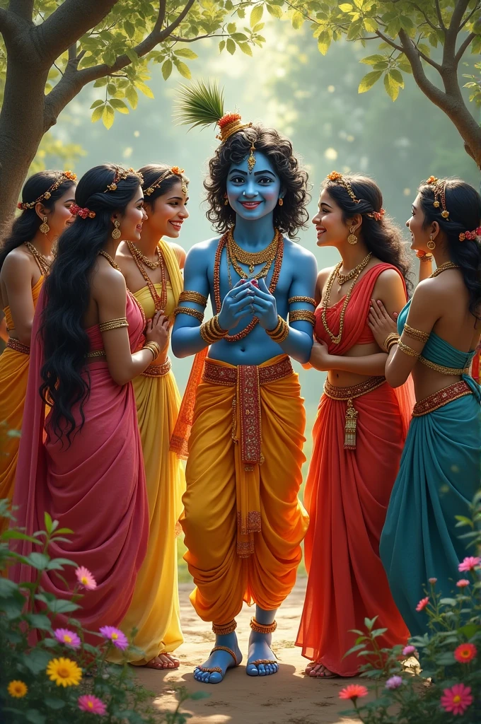 *Laughter and Joy**: Krishna making the Gopis laugh, the scene filled with happiness and the Gopis' faces lighting up with love and amusement.