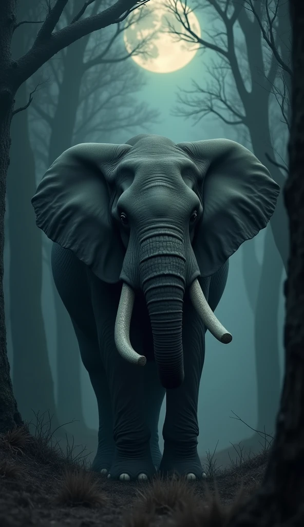"Under the soft light of the moon, a portrait-oriented scene captures a solitary elephant in the heart of a dense forest. The majestic creature stands tall among the ancient trees, its large, expressive eyes glistening with sorrow. A single tear, clear and luminous, streams down its massive cheek, catching the moonlight and reflecting its profound grief. The surrounding forest is bathed in a gentle, shadowy glow, highlighting the emotional weight of the moment. The scene poignantly conveys the elephant's deep sadness and the forest's silent empathy."