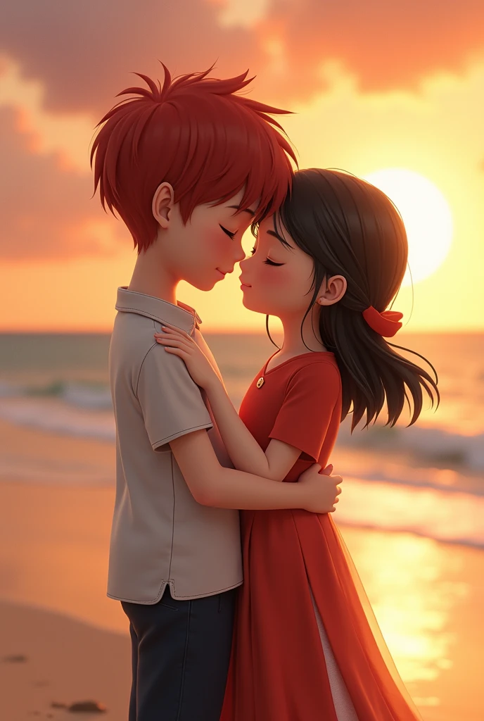 generates an image of a red-haired boy with short CHINESE hair with a girl with loose black hair who is shorter than him and a little chubby (not so much) on the beach at sunset hugging with their faces TOGETHER without teeth with their eyes closed