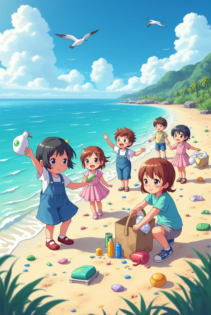 anime,cute,Children,Picking up rubbish,Ocean