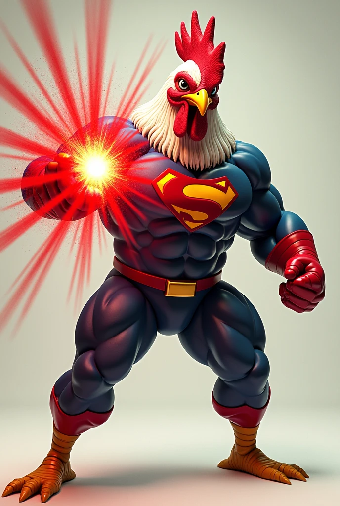 Muscular Superhero chicken with a suit eating then punch the screen with red power
