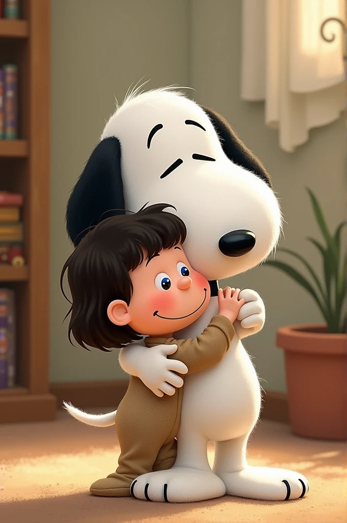 Snoopy with a  hugging him, a is a baby with short black hair and blue eyes wearing a jumpsuit 