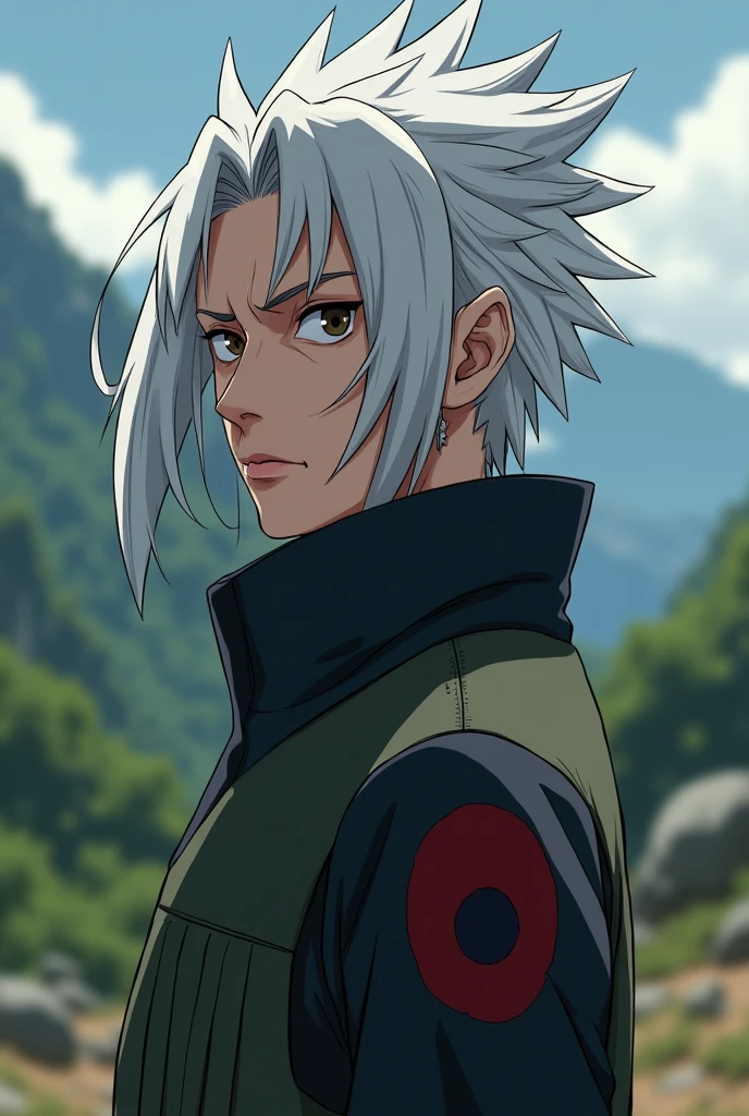 Naruto with white gray hair and a right sharingan
