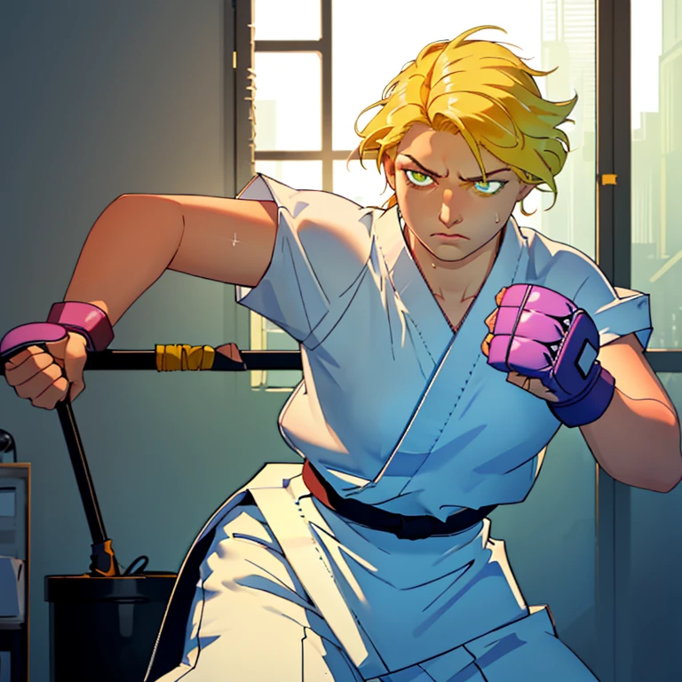 ((((masterpiece, best quality, high resolution)))), Extremely detailed 8K, 1 female, big fat body, wearing a white Karate gi, (Ultra HD, Ultra-detailed, Highly detailed, Highly realistic, Ultra-realistic, photograph realistic), (1girl:1.5), (Realistic yellow hair), (dynamic poses), facing at camera, looking at viewer, (slightly serious face), (green eyes, sharp eyes), (perky breasts:1.2), (beautiful detailed face, beautiful detailed eyes), ((worn out karate gi)), (preparing for a fight), sweat, glow, (sunbeam, sunlight), ((cowboy shot)), inside a training gym, seductive, EnvyBetterHands LoCon,