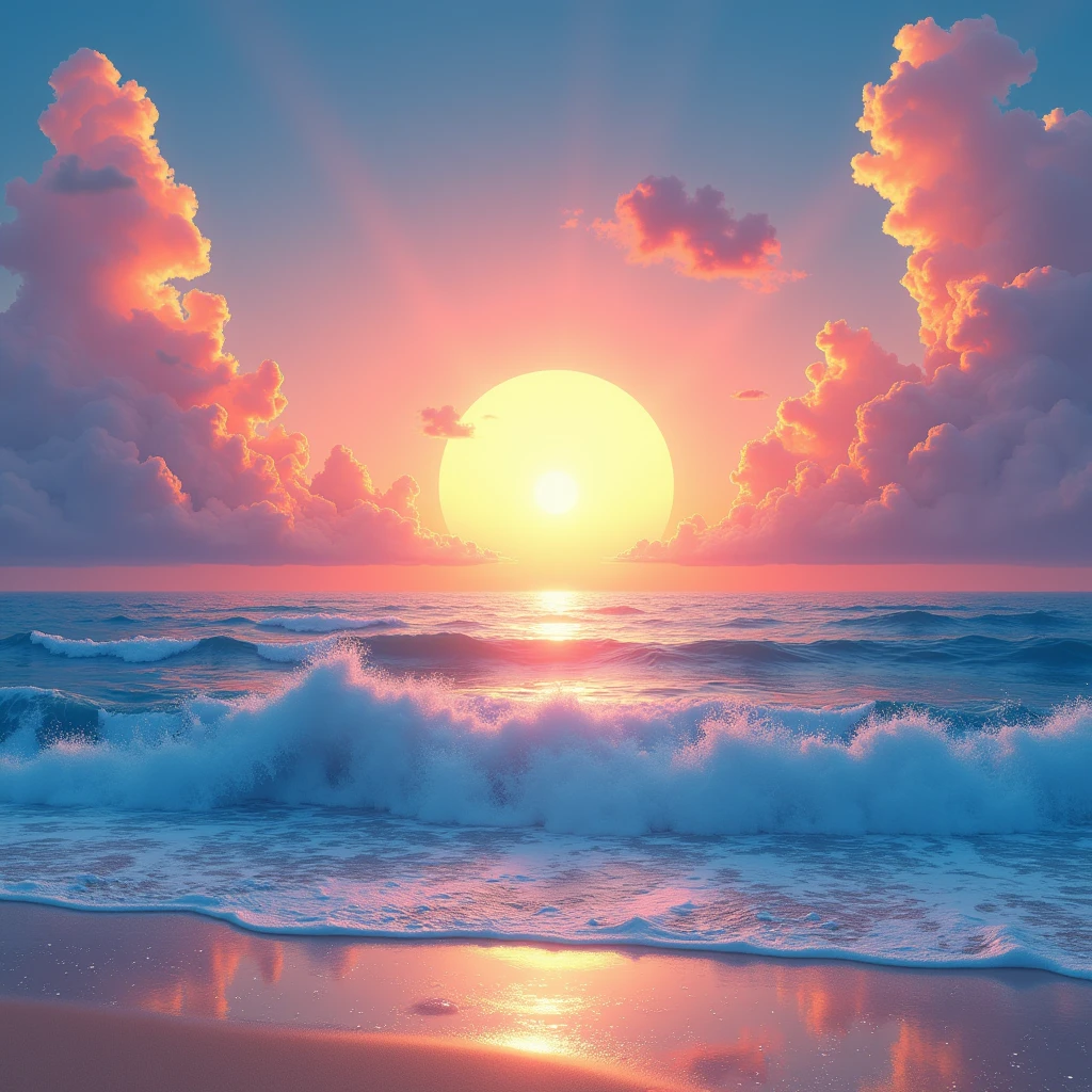 Colorful, sun rise, sea, stylized rendering, non-photo-realistic rendering, paint, volumetric cloud, small and natural wave with bubble, dream
Do not include tree and beach.