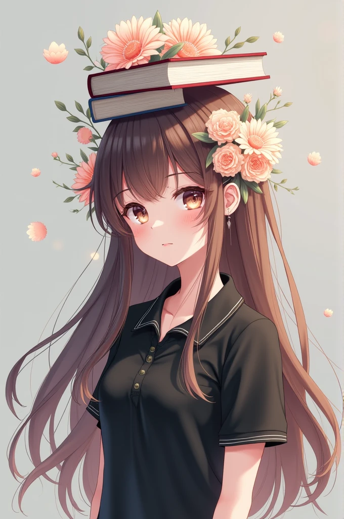 A girl who has long brown hair who has a book on her head and flowers on her head who has a black polo shirt and a gray background,anime