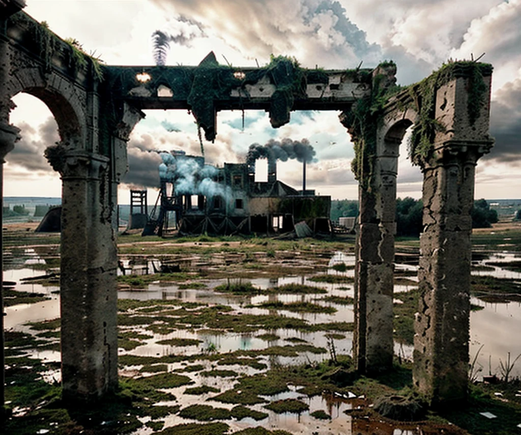 A dark, desolate medieval landscape seen from a human eye-level perspective. The ground is cracked and barren, with the remnants of ancient stone castles and villages scattered across the land. In the distance, flames rise from the ruins, casting an eerie orange glow against the murky, overcast sky. The clouds are thick and swirling, casting shadows over the bleak terrain. The air is filled with the smell of smoke and decay, and the landscape is littered with broken carts and rusted weapons. Overgrown vines and weeds choke the ruins, creating a haunting atmosphere of despair and abandonment in this apocalyptic medieval world.