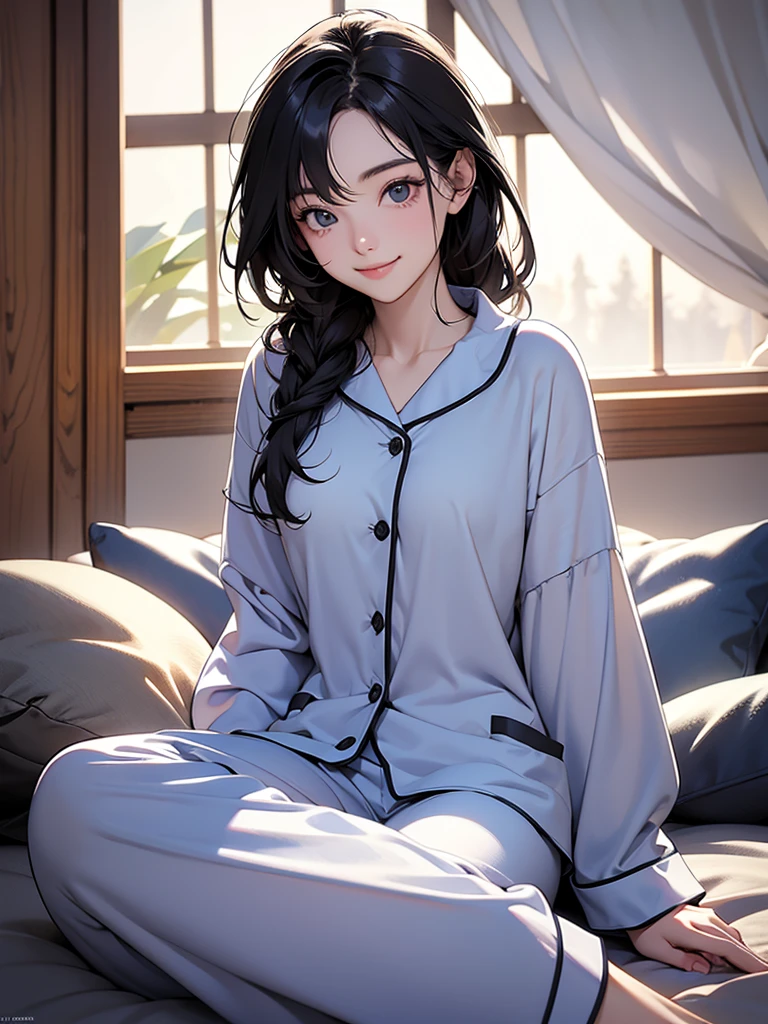 girl, black eye, warm, relax, beautiful, Calm, A light smile、pajamas、