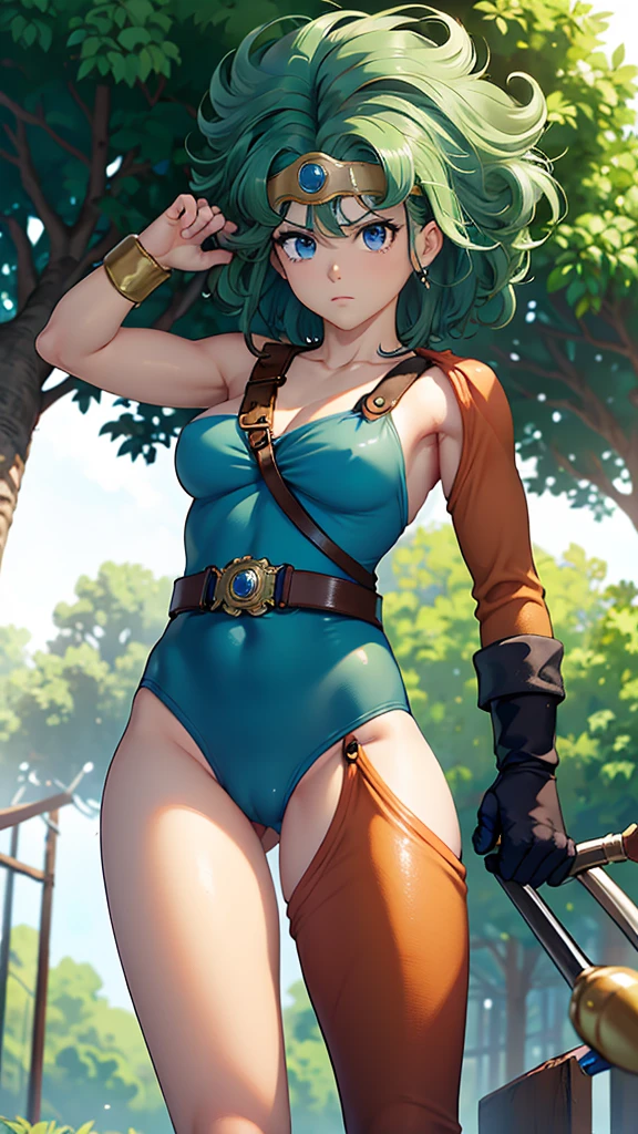 (((SFW、sound、Highest quality、Top notch work、Normal body、、Detailed face、Ultra-precision、normal hand、Refer、5refer、Highest)))、beautiful girl、Green Hair、yamato nadeshiko、Small breasts、Shortcuts、Blue leotard、muscular、Black paleo skirt、Red Cape、Circlet、Dragon Quest、Female Heroes、 Fight、Fight is ready、Sweep with a sword、Please put your hands together in front of you.、Place your hands behind your back、Please put your hands on your hips、cover your chest with your hands、((Executed perfectly:Frame yourself from head to toe,Standing posture,Draws in great detail、There is no anatomical problem))、forest