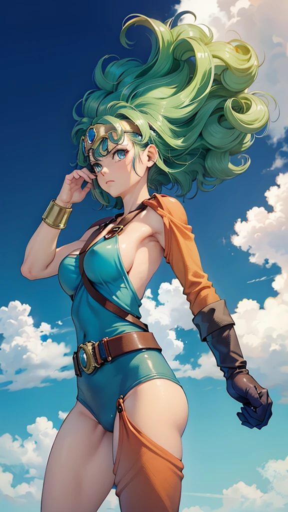 (((SFW、sound、Highest quality、Top notch work、Normal body、、Detailed face、Ultra-precision、normal hand、Refer、5refer、Highest)))、beautiful girl、Green Hair、yamato nadeshiko、Small breasts、Shortcuts、Blue leotard、muscular、Black paleo skirt、Red Cape、Circlet、Dragon Quest、Female Heroes、 Fight、Fight is ready、Sweep with a sword、Please put your hands together in front of you.、Place your hands behind your back、Please put your hands on your hips、cover your chest with your hands、((Executed perfectly:Frame yourself from head to toe,Standing posture,Draws in great detail、There is no anatomical problem))、forest