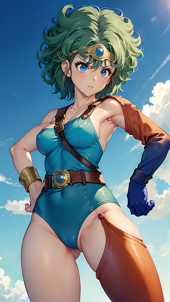 (((SFW、sound、Highest quality、Top notch work、Normal body、、Detailed face、Ultra-precision、normal hand、Refer、5refer、Highest)))、beautiful girl、Green Hair、yamato nadeshiko、Small breasts、Shortcuts、Blue leotard、muscular、Black paleo skirt、Red Cape、Circlet、Dragon Quest、Female Heroes、 Fight、Fight is ready、Sweep with a sword、Please put your hands together in front of you.、Place your hands behind your back、Please put your hands on your hips、cover your chest with your hands、((Executed perfectly:Frame yourself from head to toe,Standing posture,Draws in great detail、There is no anatomical problem))、forest