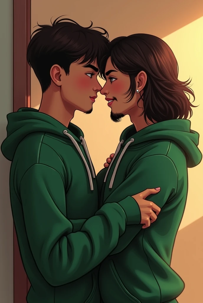 Teen gay couple, where one is a Latino teenage boy, straight medium hair, light eyes, well-defined jaw, soft goatee, athlete's body and charming smile. While the other is a Brazilian teenage boy, long curly hair, dark brown eyes, diastema on teeths, dancer's body, goatee and dazzling smile. Boths using a green moletom