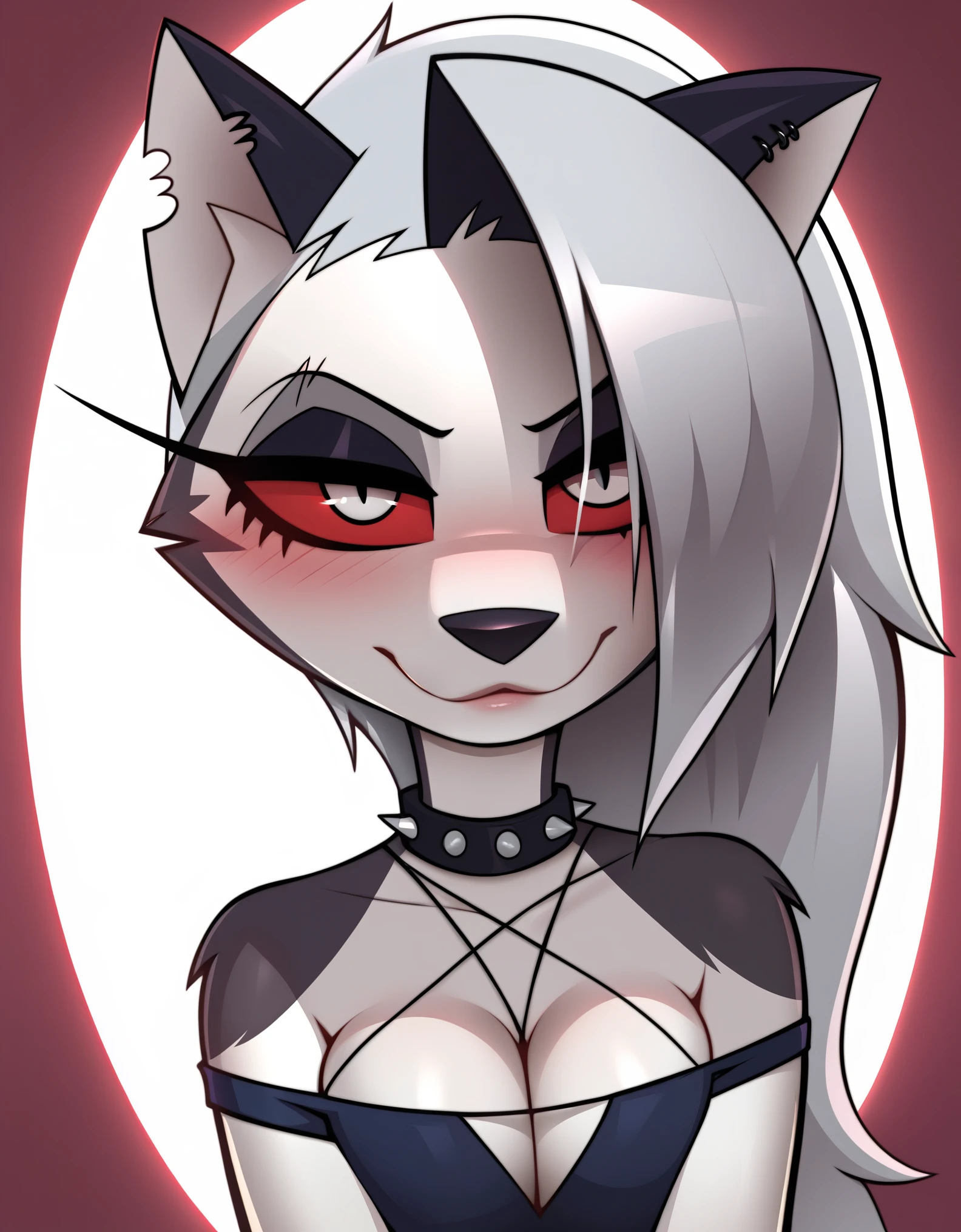 score_9_up, score_8_up, score_7_up, rating_explicit, furry, anthro, solo,
loona(jizokumode), hellhound, red sclera,  white eyes, female, fur, grey hair, hair, white body, white fur, white shirt, white topwear, loona (helluva boss),, (Glowing eyes), (covered in scars),  (wide view), 4k, realistic, hyper realism