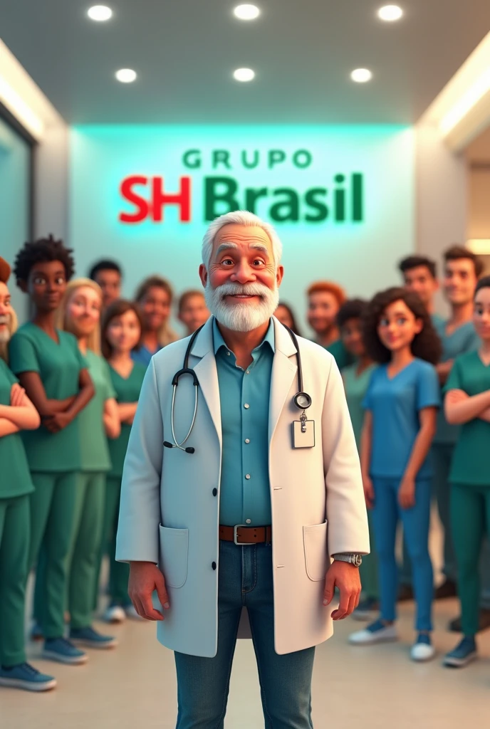 Create the image of a man of average height, medium body, 80 years old with a short white beard, friendly face and doctor's dress with light blue dress shirt and jeans underneath the lab coat. In the background of the image, a medical center with the name 'Grupo SH Brasil' should appear in green and red.. The man must be surrounded by 15 health and hygiene professionals with black and white skin tones.. The image must be in Disney or Pixar layout.